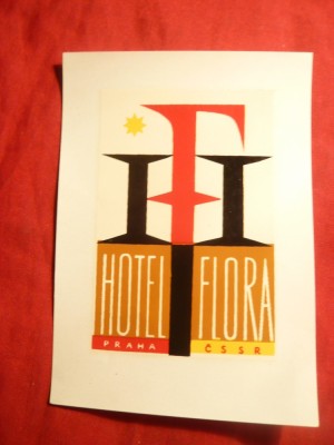 Vigneta Reclama Turistica -Hotel Flora -Praga -Cehoslovacia ,adeziv ,8,5x12,3 cm foto