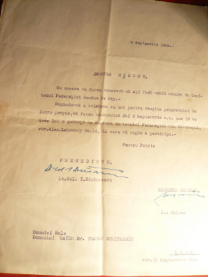 Adresa Fed.Romane Sky ,Pres.I.Dimancescu ,- numire Dr.Dumitrescu in Comitet 1943 foto