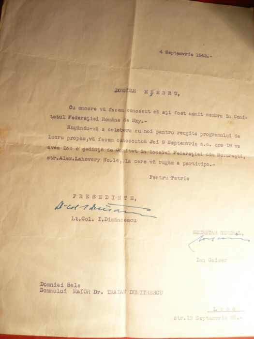 Adresa Fed.Romane Sky ,Pres.I.Dimancescu ,- numire Dr.Dumitrescu in Comitet 1943