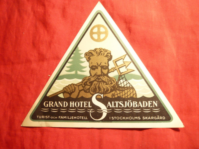 Vigneta Reclama Turistica - Grand Hotel-Saltjobaden -Suedia,adeziv 13,7x11,2 cm