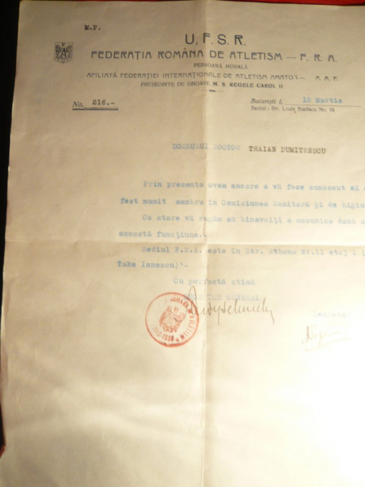 Adresa UFSR -Atletism cu antet catre Dr.Tr.Dumitrescu ,stema Federatiei 1937