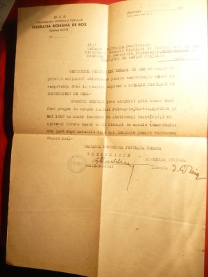 Adresa Federatiei Romane Box catre Col.Dr.Tr.Dumitrescu-Dir.Sc.Populara Box 1943 foto
