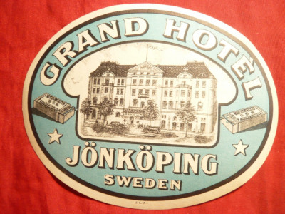 Vigneta Reclama Turistica -Grand Hotel -Jonkoping Suedia ,cu guma ,dim.11,5x9 cm foto