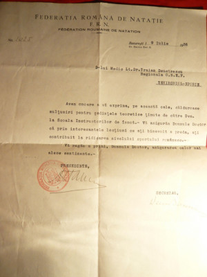 Adresa-Antet Fed.Romana Natatie catreCol.Tr.Demetrescu Eforie 1936 ,stamp. Fed. foto