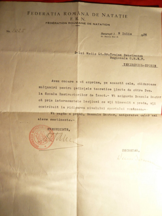 Adresa-Antet Fed.Romana Natatie catreCol.Tr.Demetrescu Eforie 1936 ,stamp. Fed.