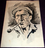 Barbat cu pipa - Grafica originala, portret acuarela anii 60, realism socialist, Portrete
