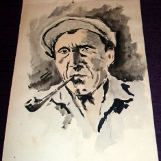 Barbat cu pipa - Grafica originala, portret acuarela anii 60, realism socialist