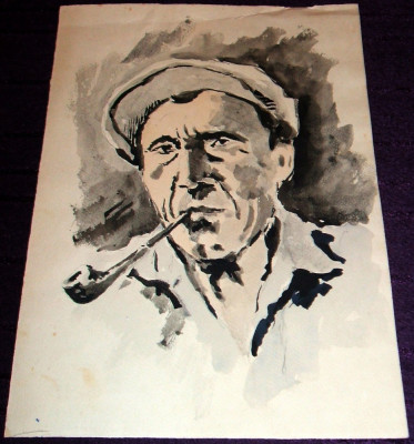 Barbat cu pipa - Grafica originala, portret acuarela anii 60, realism socialist foto
