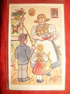 Ilustrata 1939-Gospodina prmind Colindatori de Pasti , cu oua vopsite foto