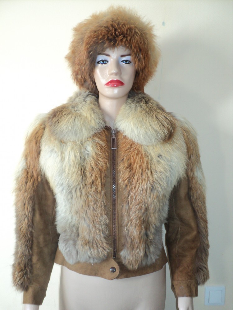 JACHETA/GEACA DIN BLANA NATURALA DE VULPE ROSCATA SI PIELE INTOARSA ...