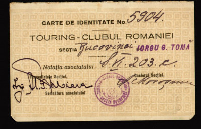 1930 Carte de identitate Touring Clubul Romaniei, sectia Bucovinei Iorgu G. Toma foto