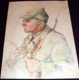 Eroul - Grafica originala propagandistica, acuarela anii 50, soldat sovietic, Portrete, Realism