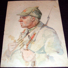 Eroul - Grafica originala propagandistica, acuarela anii 50, soldat sovietic