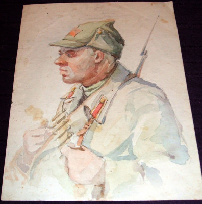 Eroul - Grafica originala propagandistica, acuarela anii 50, soldat sovietic foto