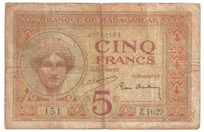 MADAGASCAR 5 FRANCS FRANCI ND (ca.1937) U