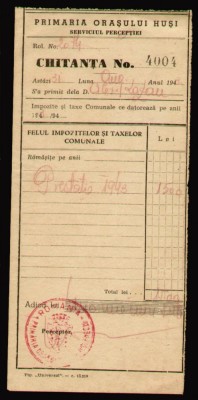 1943 Chitanta Primaria orasului HUSI, stampila Serviciul Perceptiei taxe locale foto