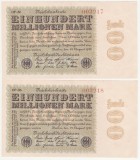 (2) 2 BANCNOTE GERMANIA - 100 MILLIONEN MARK 22.08.1923 - SERII CONSECUTIVE,aUNC