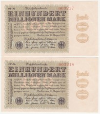 (2) 2 BANCNOTE GERMANIA - 100 MILLIONEN MARK 22.08.1923 - SERII CONSECUTIVE,aUNC