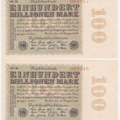 (2) 2 BANCNOTE GERMANIA - 100 MILLIONEN MARK 22.08.1923 - SERII CONSECUTIVE,aUNC