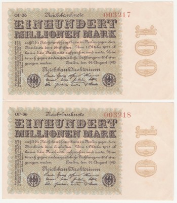 (2) 2 BANCNOTE GERMANIA - 100 MILLIONEN MARK 22.08.1923 - SERII CONSECUTIVE,aUNC foto