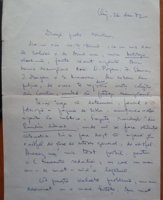 Scrisoare olografa a scriitorului Adrian Marino , datata si semnata ,Cluj , 1972 foto