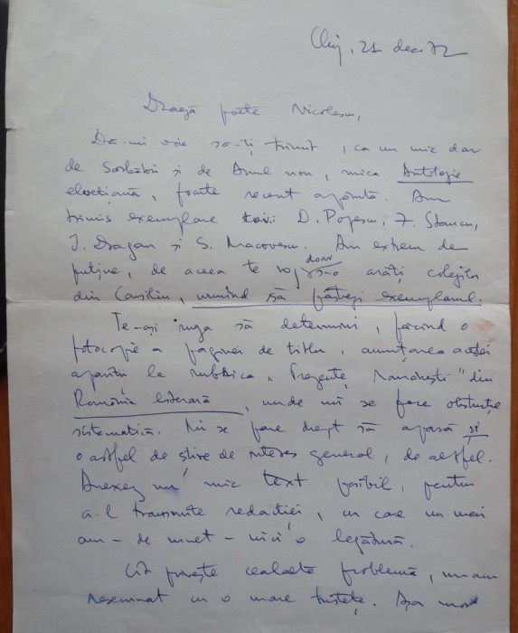 Scrisoare olografa a scriitorului Adrian Marino, datata si semnata, Cluj, 1972