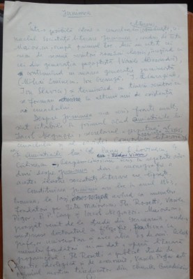 Manuscris scris olograf si semnat de scriitorul Emil Manu, intitulat Junimea foto