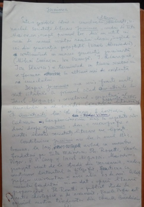 Manuscris scris olograf si semnat de scriitorul Emil Manu, intitulat Junimea