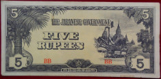 Bancnota istorica 5 Rupii BURMA BIRMANIA - Ocupatie Japoneza, anul 1942 *Cod 557 foto