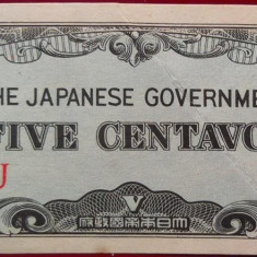Bancnota istorica 5 Centavos- FILIPINE / Ocupatie Japoneza, anul 1942 *Cod 547 A