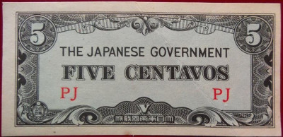 Bancnota istorica 5 Centavos- FILIPINE / Ocupatie Japoneza, anul 1942 *Cod 547 A foto