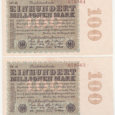 (1) 2 BANCNOTE GERMANIA - 100 MILLIONEN MARK 22.08.1923 - SERII CONSECUTIVE