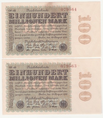 (1) 2 BANCNOTE GERMANIA - 100 MILLIONEN MARK 22.08.1923 - SERII CONSECUTIVE foto