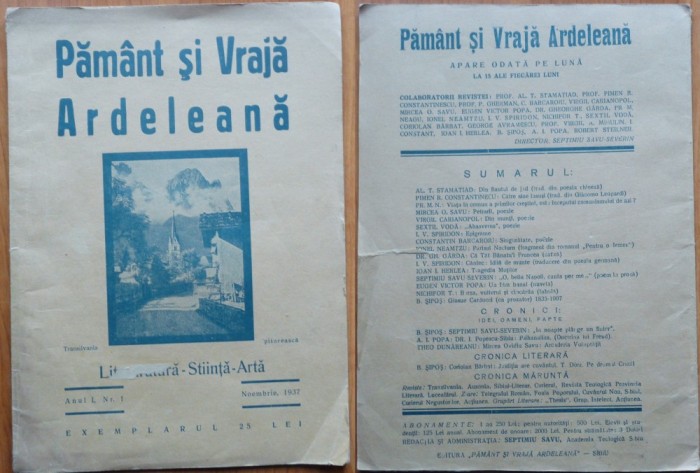 Revista Pamant si Vraja Ardeleana ; Lit. - Stiinta - Arta , an 1 , nr . 1 , 1937