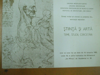 Invitatie vernisaj expozitie Stiinta si arta 1985 Ion Mincu Bucuresti foto