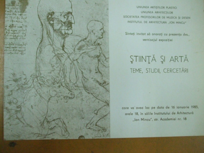 Invitatie vernisaj expozitie Stiinta si arta 1985 Ion Mincu Bucuresti