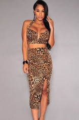 L360-99 Compleu sexy model animal print, din top scurt cu decolteu in V si fusta midi cu talie inalta foto