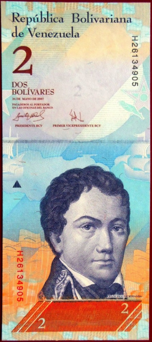 Bancnota 2 BOLIVARI / BOLIVARES - VENEZUELA, anul 2007 * cod 33 = UNC