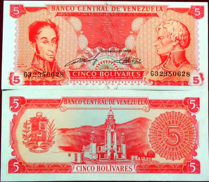 Bancnota 5 BOLIVARES - VENEZUELA, anul 1989 UNC * Cod 757