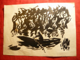 Pictura-Tus -Om cu Barca pe lac ,nesemnat , dim.= 29x21 cm, Peisaje, Cerneala, Altul