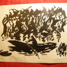 Pictura-Tus -Om cu Barca pe lac ,nesemnat , dim.= 29x21 cm