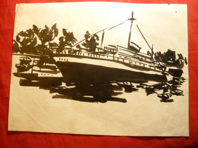 Pictura-Tus -Vapor pasageri in port ,nesemnat , dim.= 26,5x19,5 cm foto