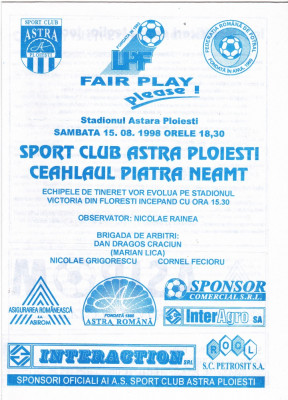 Program meci fotbal ASTRA PLOIESTI - CEAHLAUL PIATRA NEAMT (15.08.1998) foto