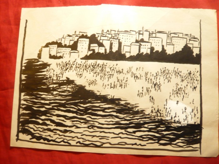 Pictura-Tus -Peisaj la mare -oras ,nesemnat dim. 21 x 15 cm