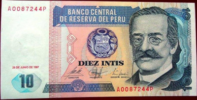 Bancnota 10 INTIS - PERU, 1987 * Cod 775 B = UNC foto