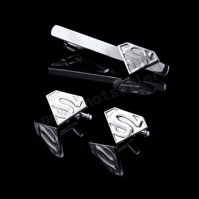 Butoni set cu ac cravata model SUPERMAN argintiu + cutie simpla cadou foto