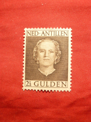 Timbru 2 1/2 guldeni brun Antilele Olandeze-Regina Iuliana nestamp.faraguma 1950 foto