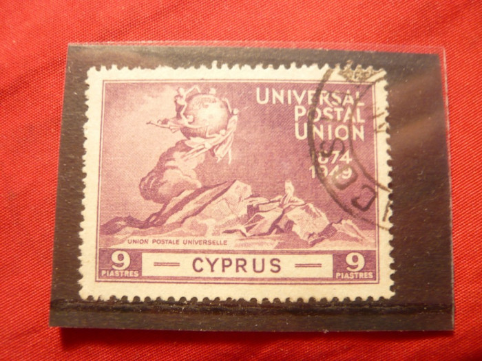 Timbru 9 Piastri brun-rosu -75 Ani UPU Cipru- Colonie Britanica 1949