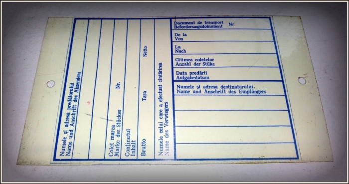 Tablita litografiata pentru insotirea coletelor, bilingva, perioada comunista