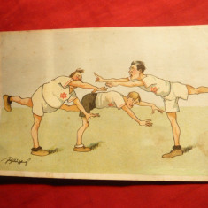 Ilustrata comica - Gimnastica ,tricou cu stea in 6 colturi ,semnata ,inc.sec.XX